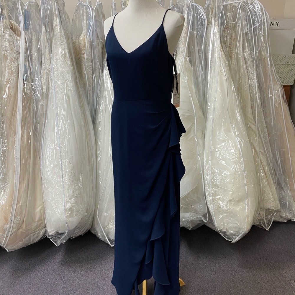 Bill Levkoff navy crepe bridesmaid gown